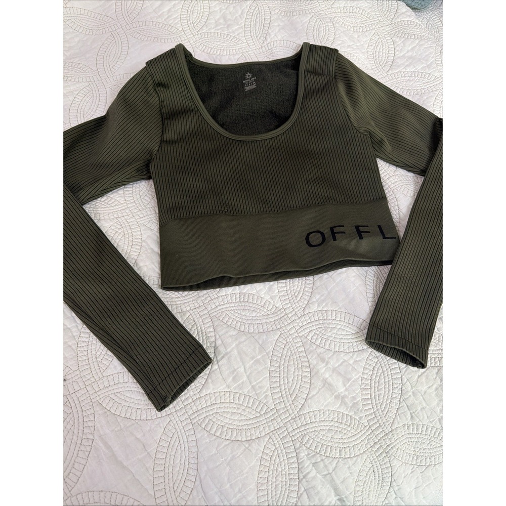 OFFLINE by Aerie Ribbed Long Sleeve Cropped Workout Top Olive Green Sz Small EUC